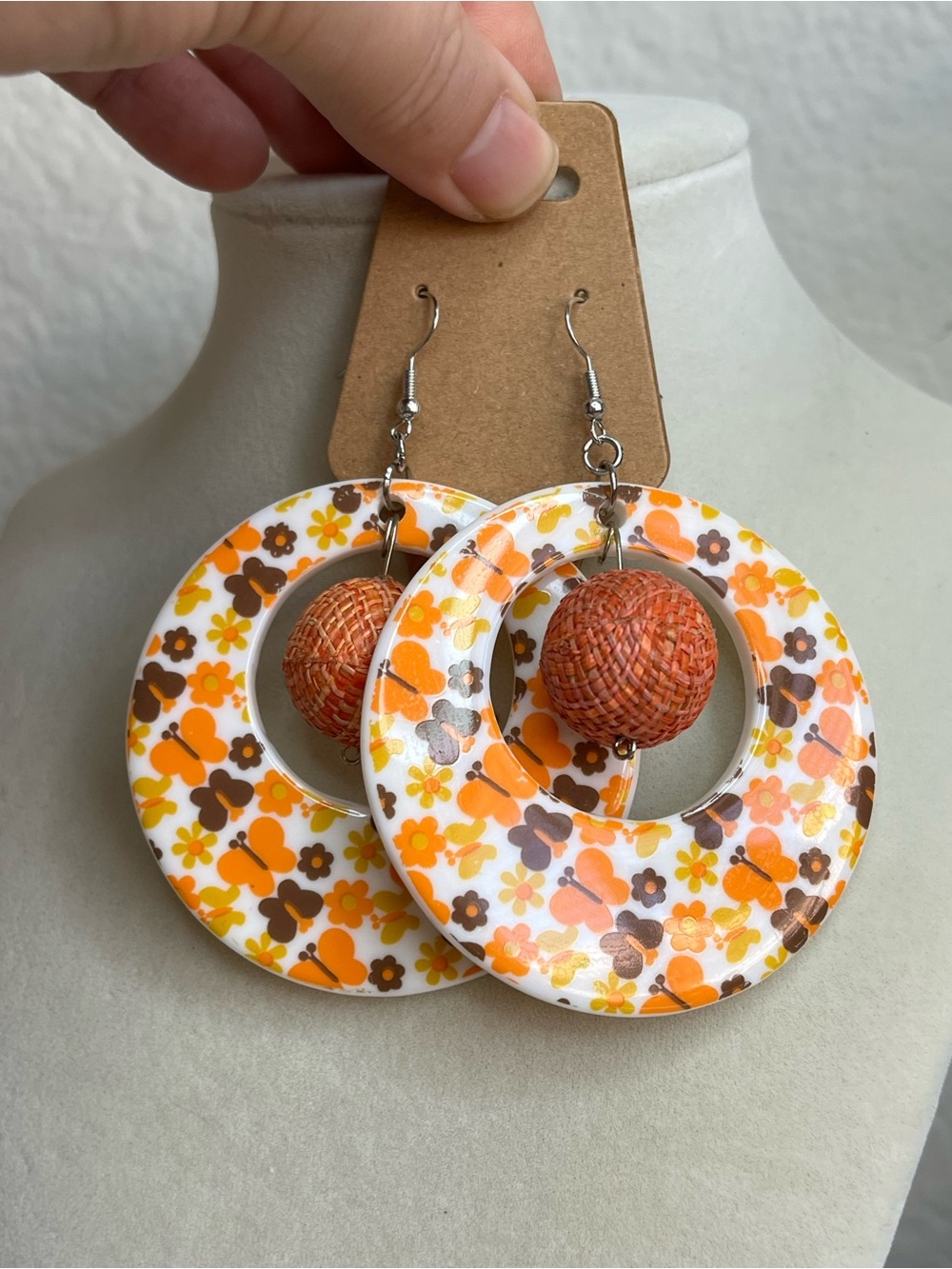 70s Vintage Retro Earrings for Women Acrylic Disco Hippie Black Orange Yellow